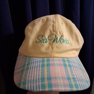 Sea World Adjustable VTG 90s Women's Hat Cap Embroidered Pastel Plaid VGVC